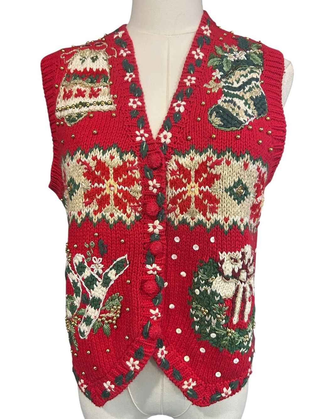 Vintage 80s Tiara Christmas Sweater Vest 3D Embellished Beaded Petite M